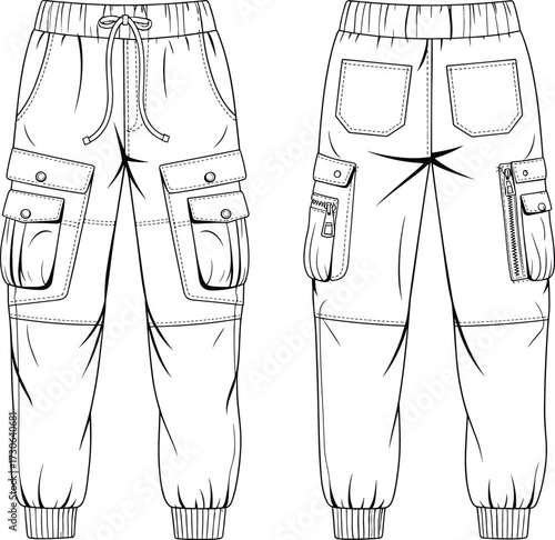 Vector fashion technical flat illustration of cargo jogger pants with drawstring elastic waistband, flap button cargo pockets, zippered back pockets, elastic cuffs