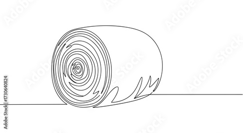 Rolled Hay Bale in Minimalist Line Art Style Representing Agriculture and Harvest on White Background