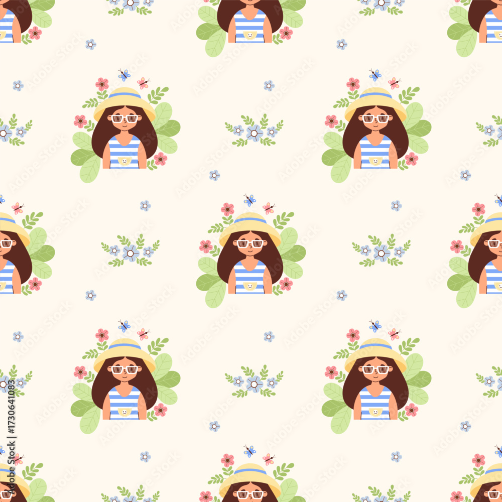 Obraz premium Summer seamless pattern with Cute Girl in Sun Hat and Sunglasses with Flowers on White Background. Vector flat illustration. Template for seasonal design, packaging, wallpaper and textile. Not AI