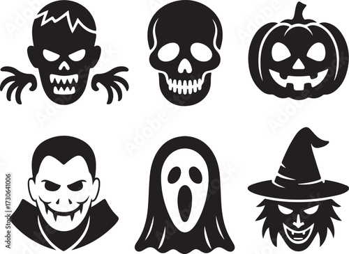 Horror face Halloween icon set pumpkin skull ghost vampire silhouette vector