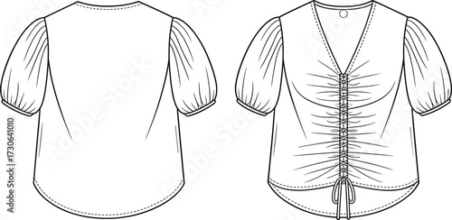Vector fashion technical flat illustration of women blouse with puff short sleeves, deep V neckline, ruched drawstring front, curved hemline