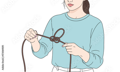 Woman demonstrating how to tie knot, teaching practical skills, step-by-step guide for beginners, learning new hobby, educational content, visual aid, illustration