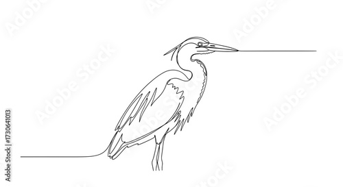 Graceful Heron in Minimalist Line Art Style Standing Calmly on White Background