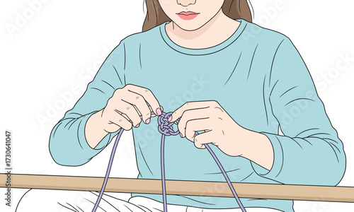 Creative young woman crafting macrame with delicate hands, enjoying mindful artistic hobby, perfect for DIY projects, relaxation, and handmade gifts