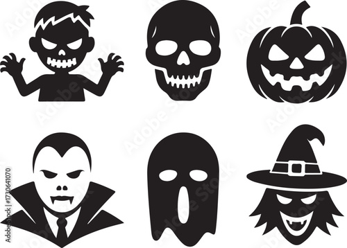 Horror face Halloween icon set pumpkin skull ghost vampire silhouette vector