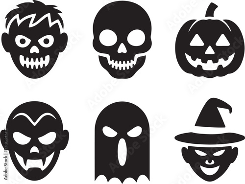 Horror face Halloween icon set pumpkin skull ghost vampire silhouette vector