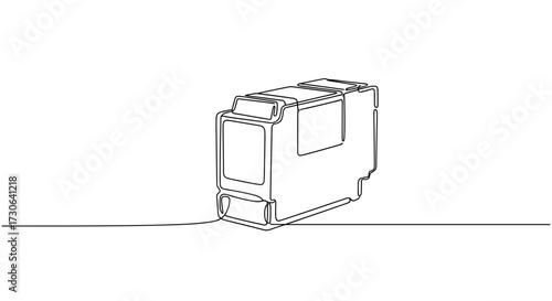 Printer Ink Cartridge in Minimalist Line Art Style Representing Office Supply on White Background
