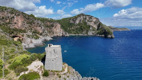 Amazing mediterranean seascape near Marina di Camerota during a sunny summer day. Cilento, Campania, Italy.