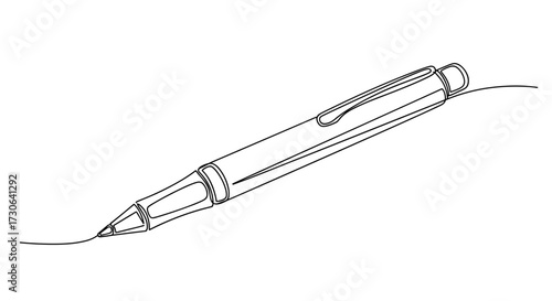 Ballpoint Pen in Continuous Line Art Style Representing Writing Tool on White Background