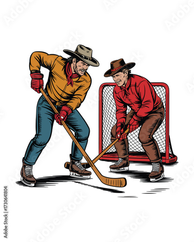 Vintage Line Art Illustration of Two Cowboys Playing Hockey, Black and White Hand-Drawn Western Scene with Clean Detailed Retro Engraving