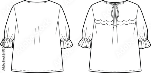 Vector fashion technical flat illustration of women blouse with elbow length ruffle sleeves, scalloped yoke detail, keyhole tie back closure
