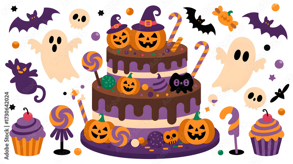 Obraz premium 🎂 Festive Halloween Cake with Pumpkins, Ghosts, and Sweets