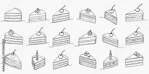 A collection of hand-drawn black and white illustrations depicting various layered cake slices with different toppings like cherries, berries, and candles.
