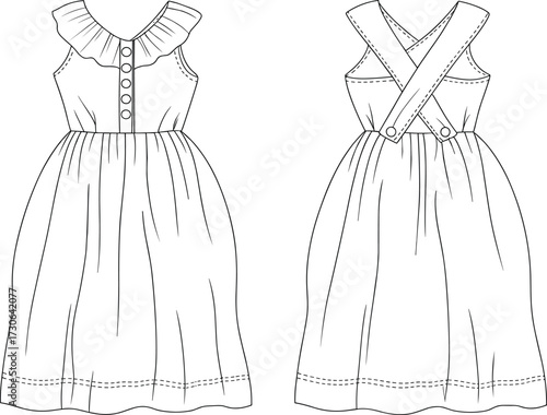 Vector fashion technical flat illustration of sleeveless dress with ruffle neckline, button front bodice, crisscross back straps, gathered long skirt