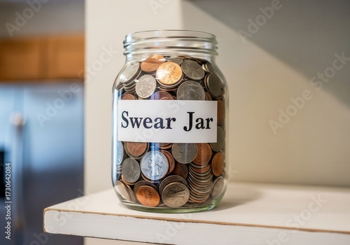 A Full Swear Jar on Wooden Shelf