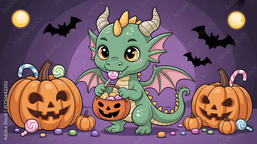 Fototapeta premium Cartoon Green Baby Dragon with Candy and Jack-o’-Lanterns