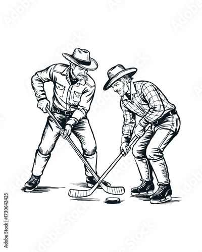 Vintage Line Art Illustration of Two Cowboys Playing Hockey, Black and White Hand-Drawn Western Scene with Clean Detailed Retro Engraving