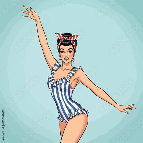 A beautiful pop art pinup girl in a vintage striped swimsuit and matching bandana.