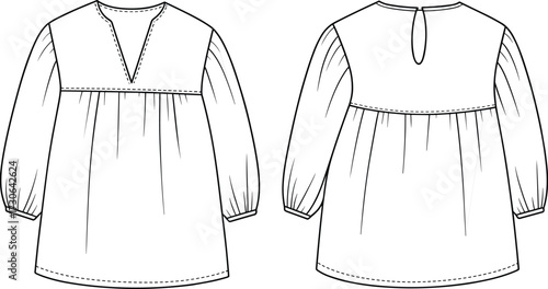 Vector fashion technical flat illustration of long sleeve tunic dress with gathered yoke, V neckline, keyhole back, elastic cuff sleeves