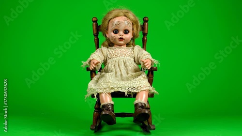 A haunted creepy doll rocks back and forth in a unsettling rhythm, isolated on a bright green backdrop supernatural, ominous, dark