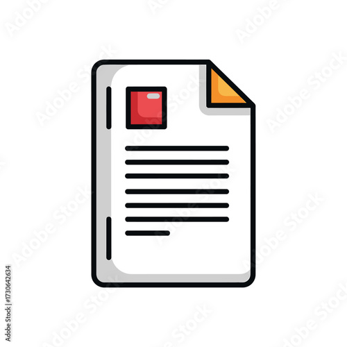 Illustration of a document with text and a red square on a white background.