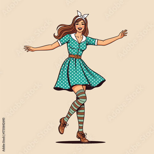 A cheerful retro pinup woman in a green polka dot dress striped socks and a headband dancing happily.