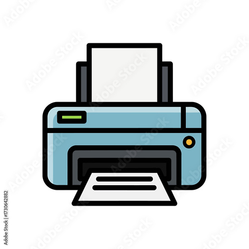 A simple, stylized illustration of a blue inkjet printer with a sheet of paper coming out.