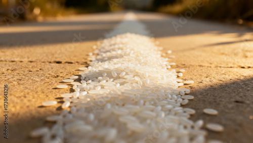 White rice grains scattered along a concrete path in sunlight