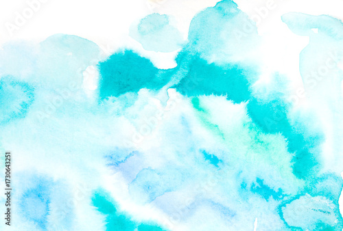 Real Hand Drawn Watercolor Light Blue and Green Wet Spots Background