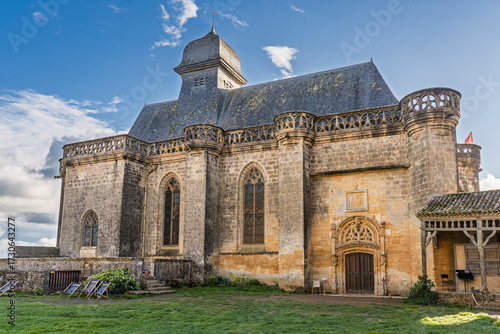 Landscape view of ancient Renaissance chapel of Biron medieval castle, Dordogne, France