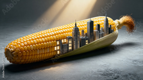 A corn cob with a miniature city skyline emerging from its center, illuminated by dramatic lighting.