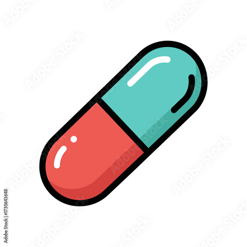A colorful two-toned capsule pill icon, illustrated in a simple cartoon style with a thick black outline on a white background.