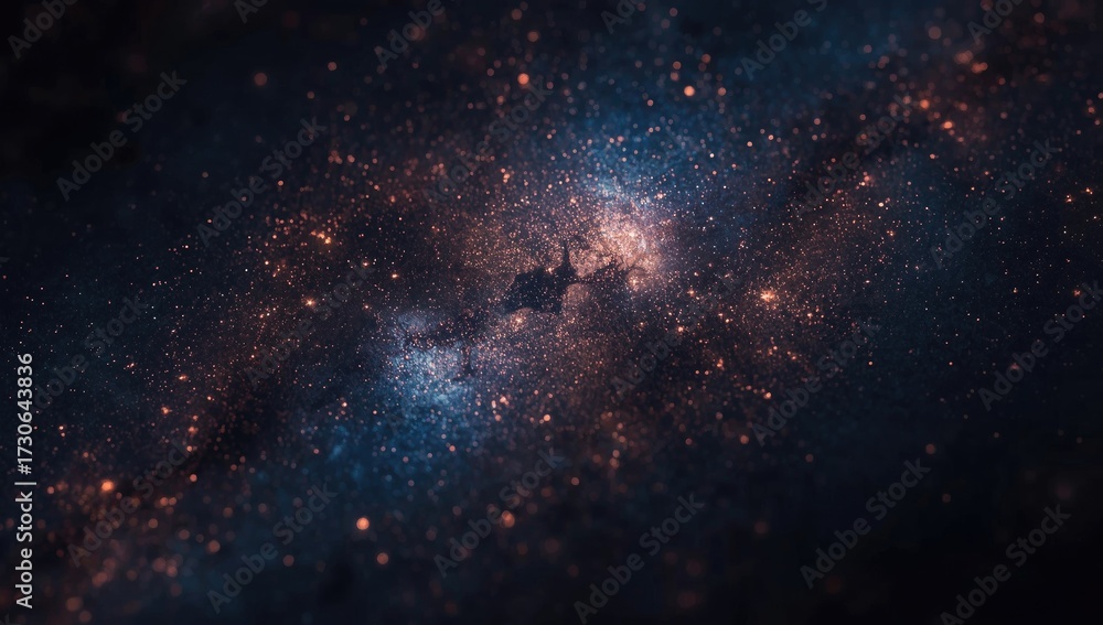 Naklejka premium Celestial scene showcases a deep, dark blue background with scattered, glowing orange and gold particles reminiscent of distant stars, nebulas, and cosmic formations.