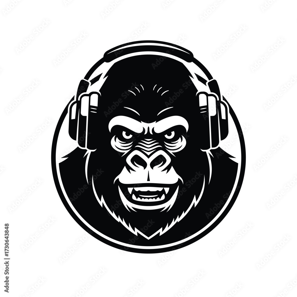 Fototapeta premium Headphones Gorilla Logo. Head Monkey Modern Icon Template. Music Flat Design. Vector illustration
