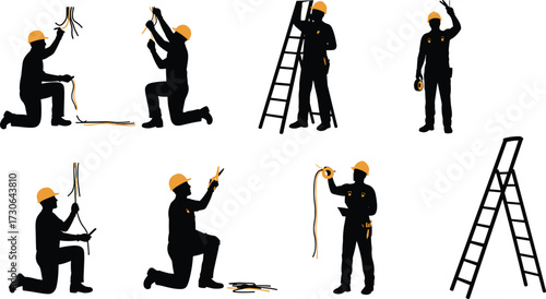 Silhouettes of electricians with safety helmets working on electrical wires, tools, ladder, inspection, repair, maintenance, construction, energy service illustration