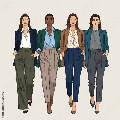 A diverse group of four professional women in stylish business casual attire depicted in a fashion illustration style.