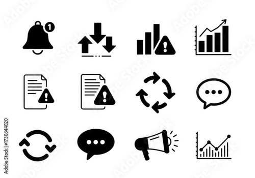 A set of business and communication icons, including notifications, downloads, graphs, documents, refresh symbols, speech bubbles, and megaphones, in a clean design.