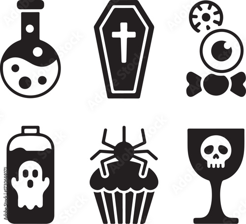 Spooky food drink Halloween icon set silhouette vector