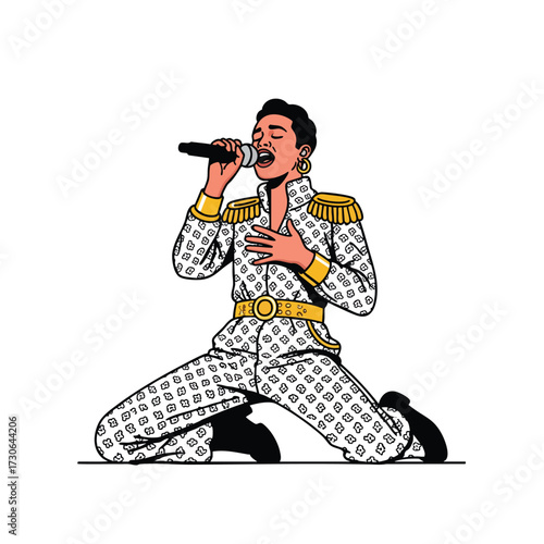 A passionate singer in a retro patterned jumpsuit with gold epaulets kneeling and singing.