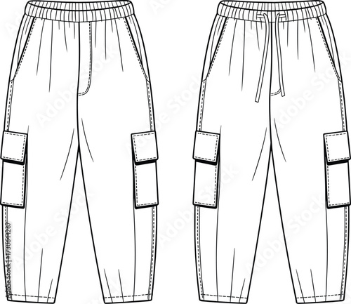 Vector fashion technical flat illustration of cargo pants with elastic waistband, drawstring option, side flap pockets, seam details, front back views