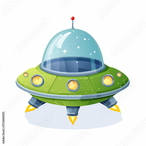 Cartoon UFO illustration of a flying saucer isolated on white