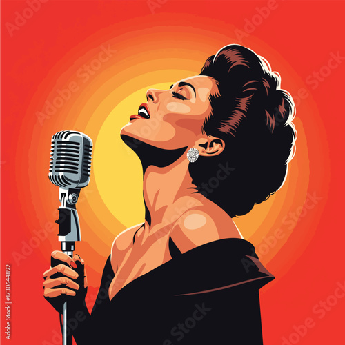 A soulful female vocalist with a retro updo singing passionately into a vintage microphone.