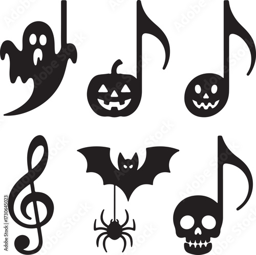 Spooky music Halloween icon set ghost note pumpkin clef silhouette vector