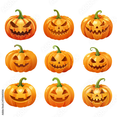 A collection of nine realistic carved jack-o-lantern pumpkins with various scary and smiling halloween faces