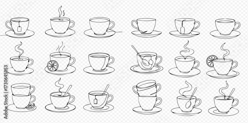 A collection of hand-drawn sketch illustrations depicting various steaming tea and coffee cups with saucers, some featuring tea bags, spoons, or lemon slices.