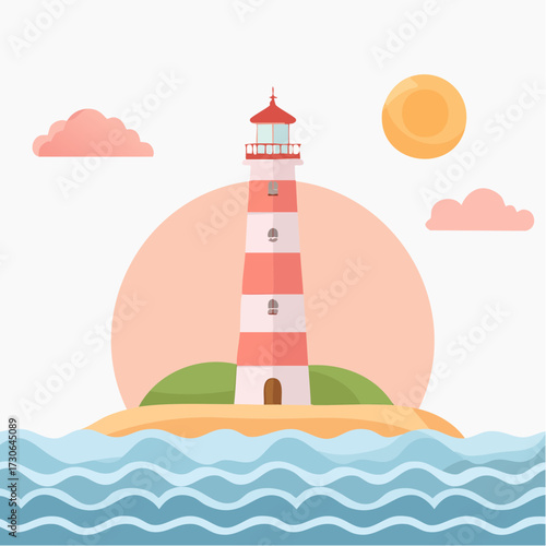 Flat design illustration of a striped lighthouse on an island, with waves, sun, and clouds. This serene coastal scene conveys guidance, safety, and tranquil journeys