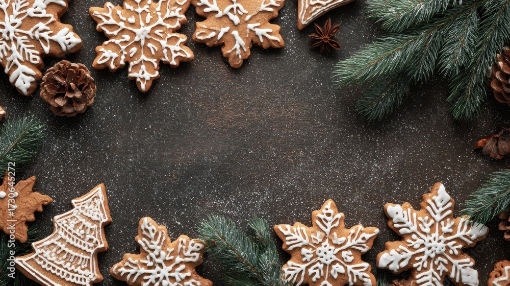 Fototapeta premium simple festive scene showing gingerbread snowflakes fir tree and decorative cookies with blank area for writing seasonal holiday idea