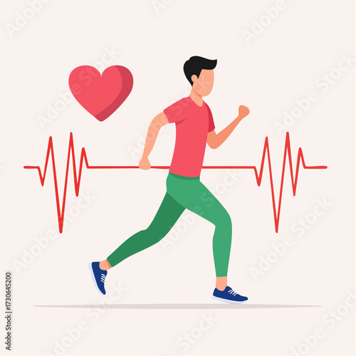 Illustration of a man running with a heartbeat EKG line and heart symbol, representing cardiovascular health and fitness