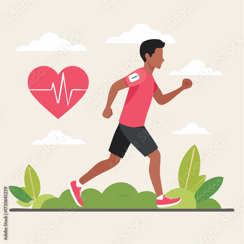 Vector illustration of an active man running outdoors in a park, monitoring his cardiovascular health and heart rate with a wearable sensor patch