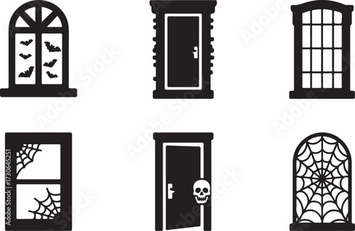 Spooky window door Halloween icon set silhouette vector
